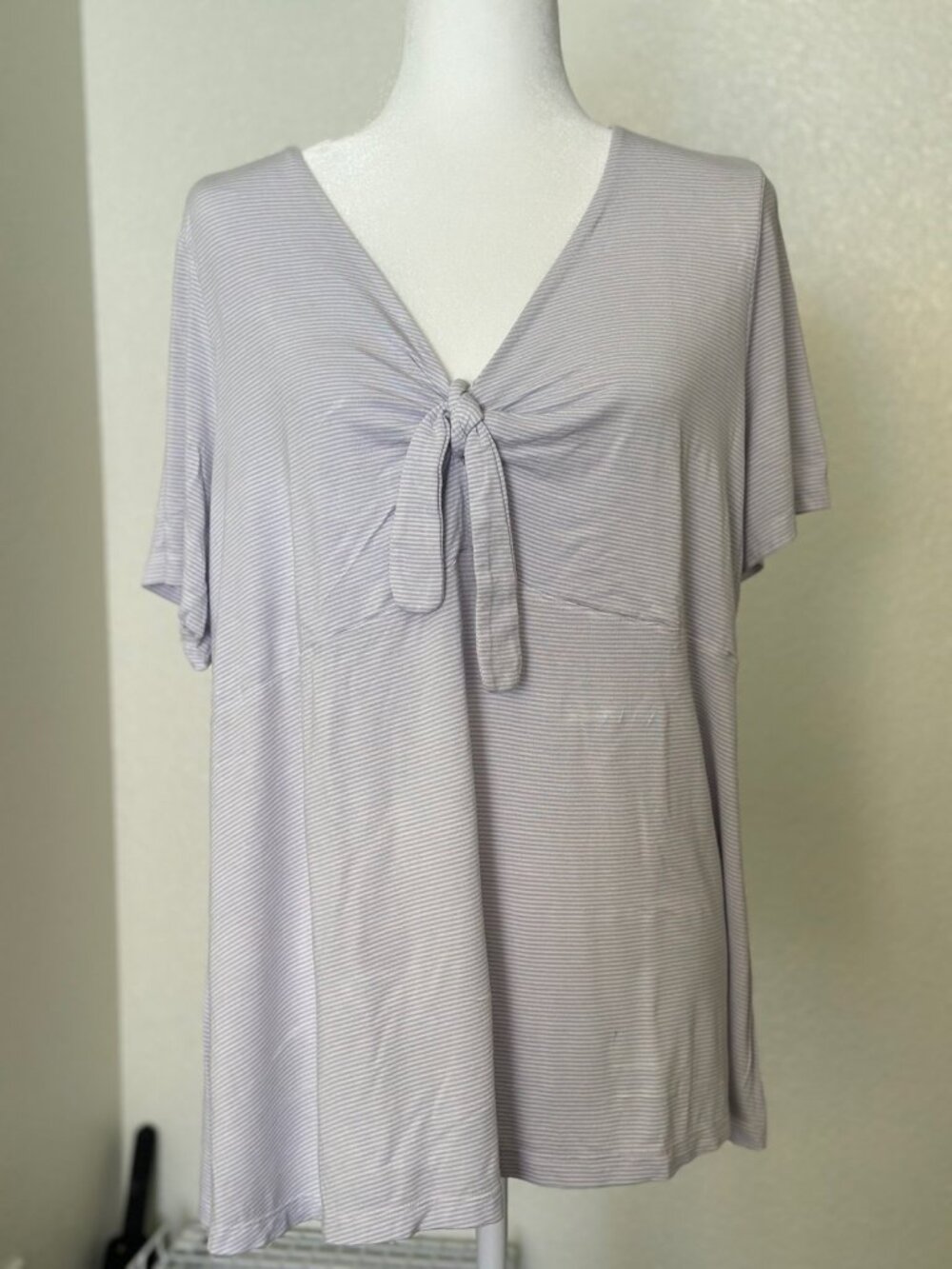 In Every Story Gray Striped Tie Front V-Neck Top Short Sleeve Tunic